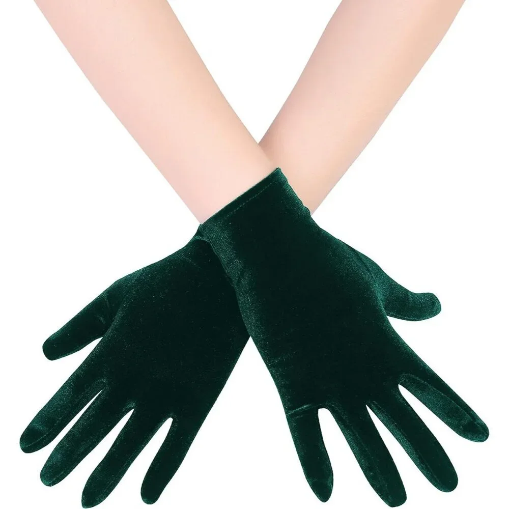Women's Dark Green Velvet Short Satin Gloves Style Wrist Flapper Banquet